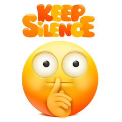 Yellow emoji cartoon character with finger near the mouth. Keep silence sign.