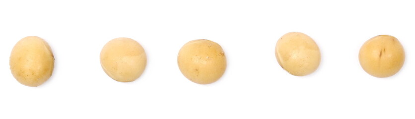 Organic raw soybeans set and collection, macro, isolated on white background, top view