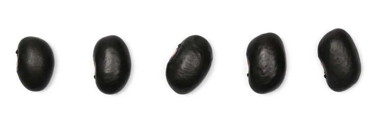 Black beans set and collection, macro, isolated on white background, top view