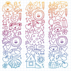 Naklejka premium Time to adventure. Imagination creativity small children play nursery kindergarten preschool school kids drawing doodle icons pattern, play, study, learn with happy boys and girls Let's explore space