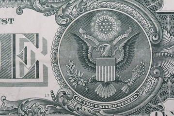 One dollar bill American crest eagle, banknote background and texture, macro