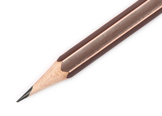 Sharp wooden graphite pencil macro isolated on white background, top view