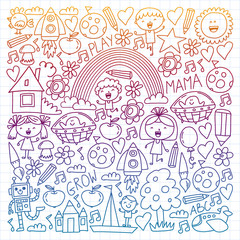 Fototapeta premium Time to adventure. Imagination creativity small children play nursery kindergarten preschool school kids drawing doodle icons pattern, play, study, learn with happy boys and girls Let's explore space