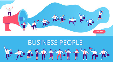 Join our team vector horizontal banners. Group of people shouting on huge megaphone. Business people disscussing. Teamwork. Business men and women running. Flat style illustration for web.