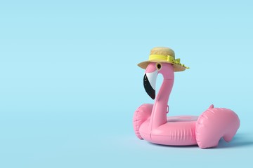 Flamingo float on blue background. Summer minimal concept. 3d rendering