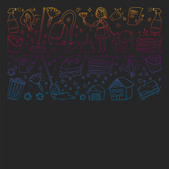 cleaning services company vector monochrome pattern on black background, drawing gradient.