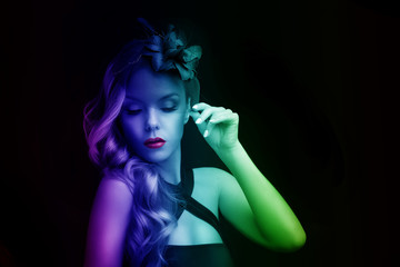 girl with red lips, color tinted. the mesh on the face