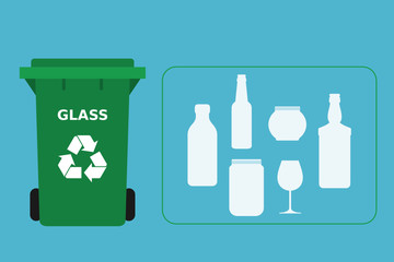 Green trash can with glass waste suitable for recycling. Glass recycle, segregate waste, sorting garbage, eco friendly, concept. Blue background. Vector illustration, flat style.