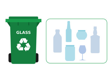 Green trash can with glass waste suitable for recycling. Glass recycle, segregate waste, sorting garbage, eco friendly, concept. White background. Vector illustration, flat style.