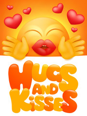 hugs and kisses greeting card with yellow emoji cartoon character.