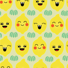 Vector hand drawn seamless kawaii pattern. Happy lemons with emotions, green leaves. Perfect for fabric, cute, japan style.
