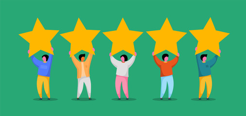 Five stars rating flat style vector concept. People are holding stars. Feedback consumer or customer review evaluation, satisfaction level and critic background.