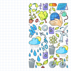 Vector logo, design and badge in trendy drawing style - zero waste concept, recycle and reuse, reduce - ecological lifestyle and sustainable developments icons. Drawing on squared notebook.
