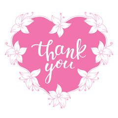 Floral frame in shape of heart with hand lettering thank you