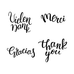 Hand lettering thanks in different languages: German, French, English, Spanish.