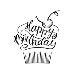 happy birthday greeting lettering and cake