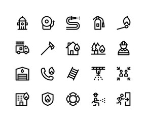 Simple Set of Firefighter Related Vector Line Icons. Contains such Icons as hydrant, alarm, hose, extinguisher and More. pixel perfect vector icons based on 32px grid. Editable Strokes