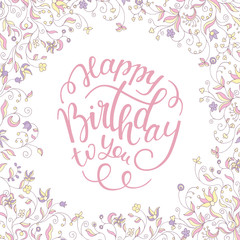 floral frame soft colors and hand lettering happy birthday