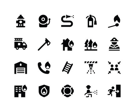 Simple Set of Firefighter Related Vector Glyph Icons. Contains such Icons as hydrant, alarm, hose, extinguisher and More. pixel perfect vector icons based on 32px grid. Well Organized and Layered