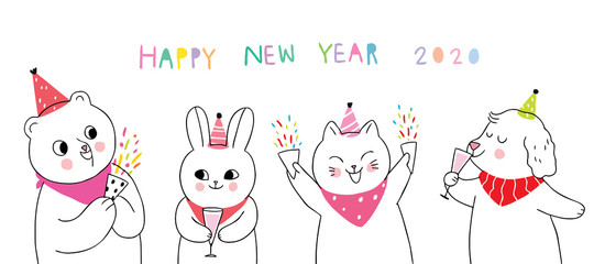 Cartoon cute animals celebration Happy New Year vector.