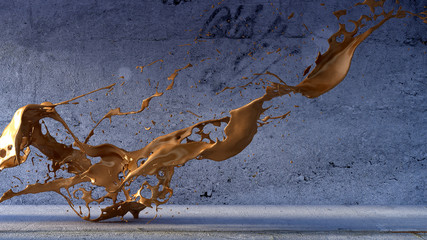 A splash of fluid in the room is a studio concrete. 3d illustration, 3d rendering.