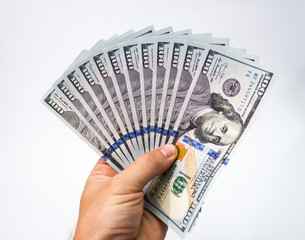 money in hand white background