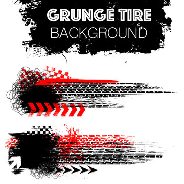 Two grunge elements with black and red tire tracks isolated on white background