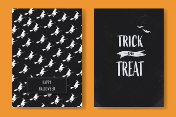 Halloween card set with two holiday postcards with pattern and trick or treat text. Symbol of seasonal holiday, party invitation.