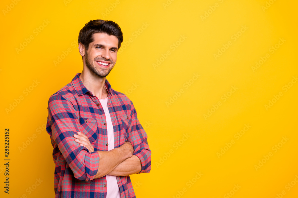 Poster Photo of famous businessman wearing informally searching for some resting while isolated with yellow background