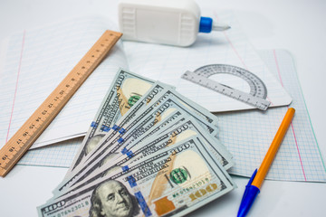 money and pen on white background