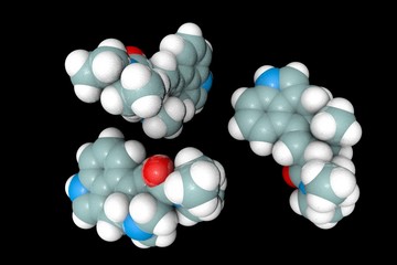 Space-filling molecular model of lysergide (LSD). Atoms are represented as spheres with conventional color coding: hydrogen (white), carbon (grey), oxygen (red), nitrogen (blue). 3d illustration