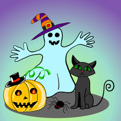 Colorful Halloween card with ghost, cat and pumpkin