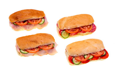 Delicious sandwiches with ham, salami,tomatoes and cucumber in four models