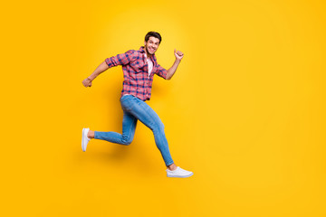 Fototapeta na wymiar Full length body size photo of overjoyed man managing to run away from his problems while isolated with vivid background