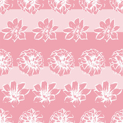 Vector flowers on striped background. Pink hand drawn seamless pattern with wild summer flowers. Peach color background.
