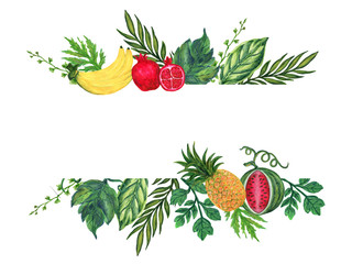 watercolor illustration of different organic fresh fruit vegetable healthy foods for restaurant cafe frame banner wreath