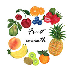 watercolor illustration of different organic fresh fruit foods smoothies peach, kiwi, cherries, pear, pineapple, peach, orange, banana, strawberries  frame banner wreath