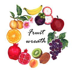 watercolor illustration of different organic fresh fruit foods smoothies peach, kiwi, grape, apple, mangosteen, peach, orange, banana  frame banner wreath