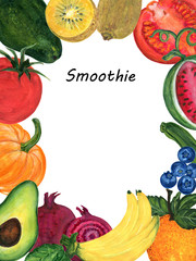 Beautiful frame invitation card with hand painted watercolor fruit and vegetable on white background  hand paint