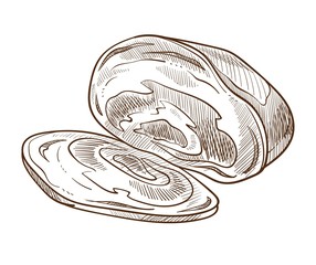 Boiled pork slice with spices isolated sketch, meat food