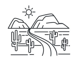 Texas landscape outline sketch, desert road or highway and hills