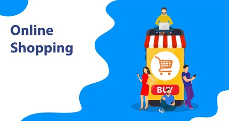 E-commerce cart concept. people using mobile gadgets such as tablet and smartphone for online purchasing and ordering goods. Online shop. Web store. Vector illustration in flat style