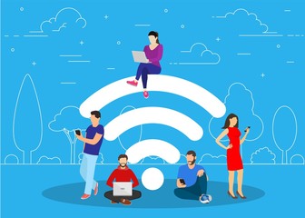 People in free internet zone using mobile gadgets, tablet pc and smartphone. big wifi sign. Free wifi hotspot, wifi bar, public assess zone, portable device concept. Vector illustration in flat style - obrazy, fototapety, plakaty