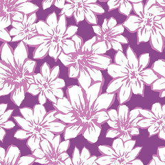 Fototapeta premium Vector sketched flower print in purple. Hand drawn floral seamless background in white and purple.
