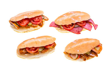 Delicious sandwiches with ham, salami,tomatoes and cucumber in four models