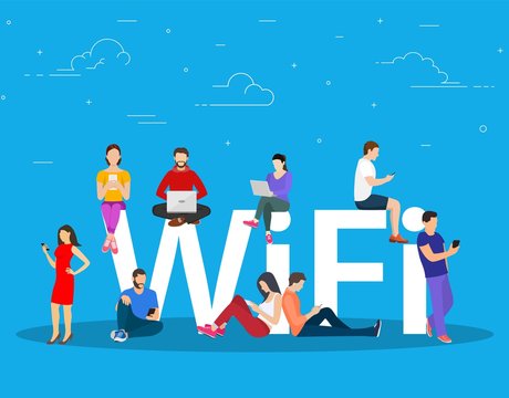 Wi fi giant letters and people. Group of happy diverse men enjoy free area for computers, smartphones, devices. Free wifi hotspot, public assess zone. Vector illustration in flat style.