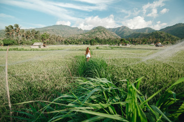 Fototapeta na wymiar Back view young girl walking in rice field in Bali. Trevelling to clean places of Earth and discovering beauty of nature. Eco tourism concept