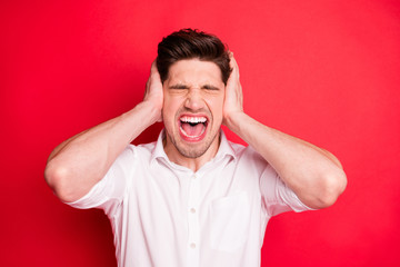 Close-up portrait of his he nice attractive disappointed gloomy grumpy sullen enraged fury guy...