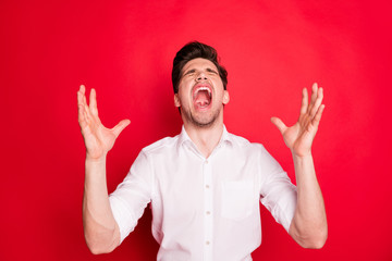 Portrait of his he depressed miserable devastated enraged savage guy showing negative bad mood...