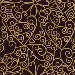 Seamless pattern with stilized golden wrought iron grille on dark brown background. Print for fabric, wrapping design.